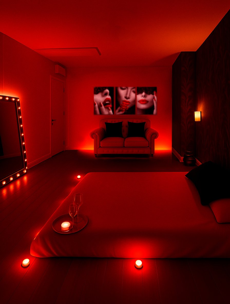Habitación exclusiva para masajes eróticos con ambiente sensual y sofisticado. Iluminación roja tenue que resalta la intimidad del espacio, complementada con velas y copas de vino sobre una mesa junto a la cama. Incluye un sofá elegante, espejo con luces y cuadros decorativos que refuerzan la atmósfera de lujo y placer. Diseñada para ofrecer experiencias de Body to Body y bienestar sensorial en un entorno privado y relajante.