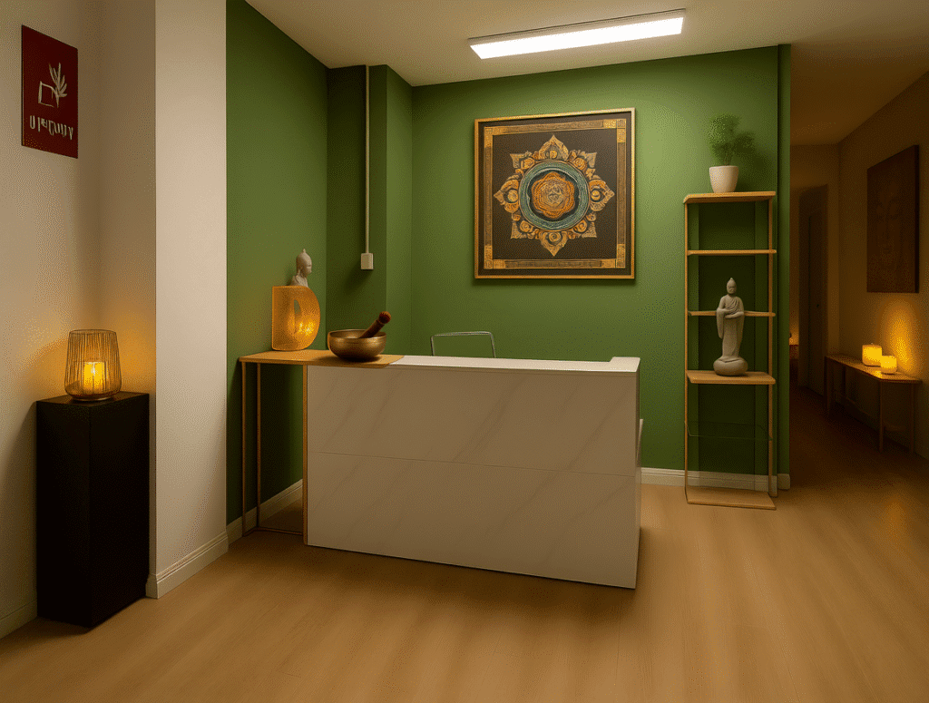"Recepción de centro de masajes eróticos con mostrador blanco, pared verde, cuadro decorativo, velas, cuencos tibetanos y figuras de Buda en ambiente relajante y sofisticado.